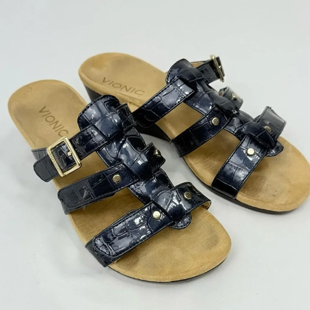 Vionic RADIA Blue Patent Reptile Embossed Triple T Strap Slide Wedge Sandals